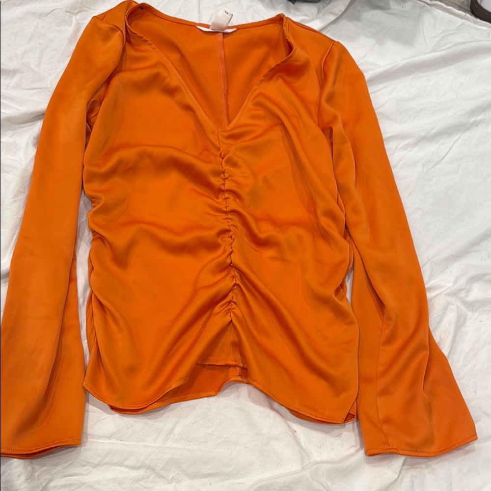 H&M Bright Orange Ruched V-Neck Blouse